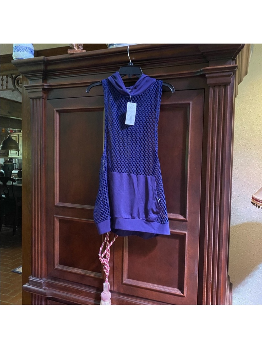 Men's Purple Mesh Hooded Tank Top with Front Pocket